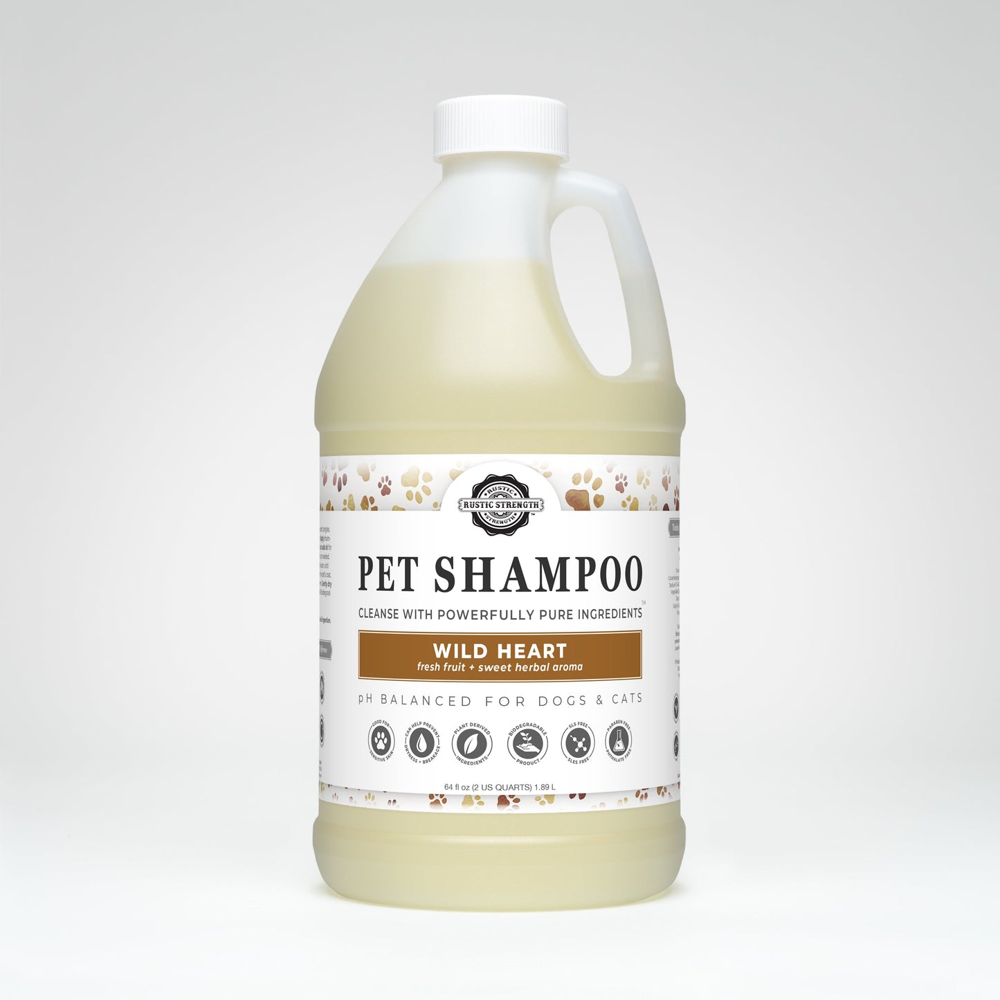 Pet shampoo bottle with a label on a white background