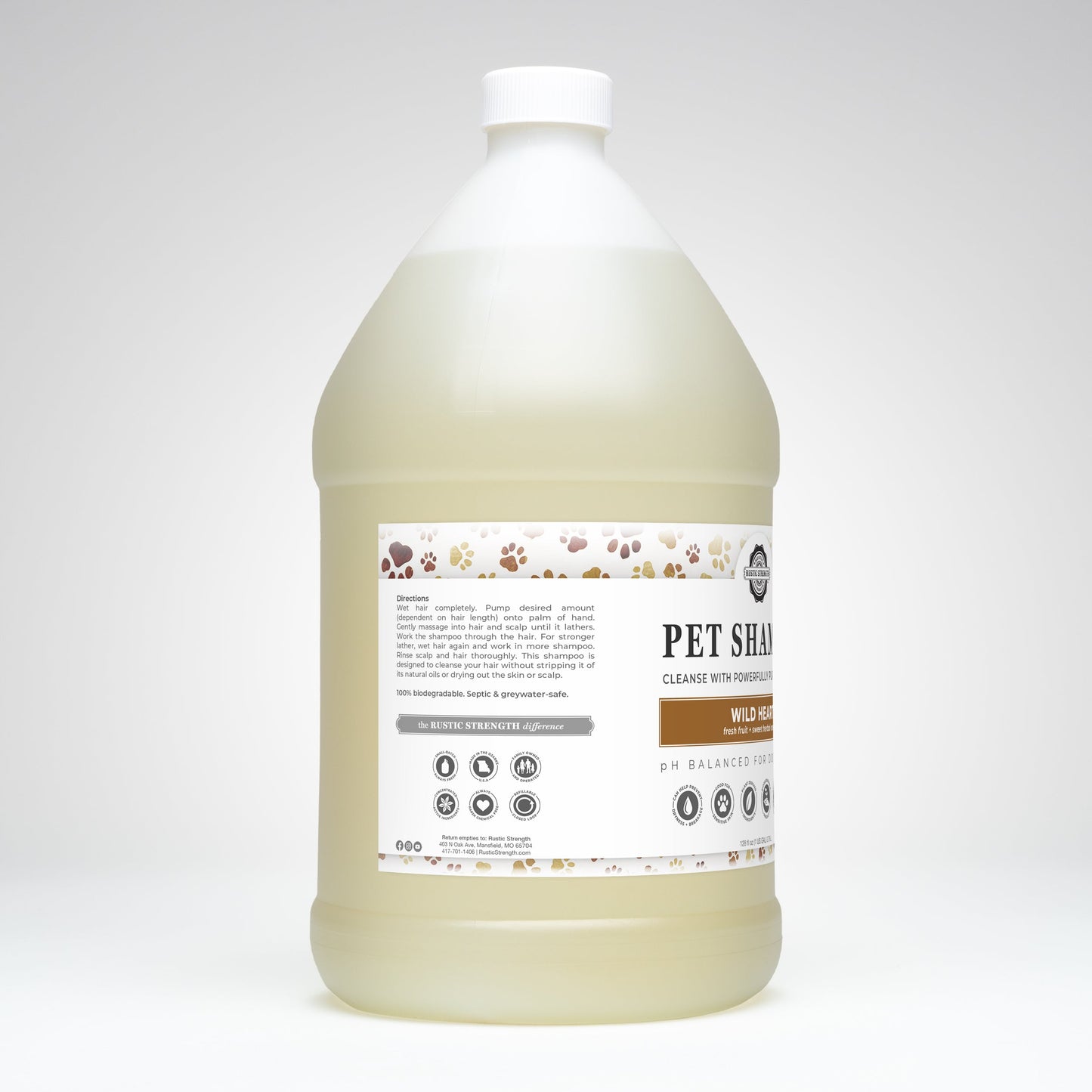Pet shampoo bottle with label on a white background