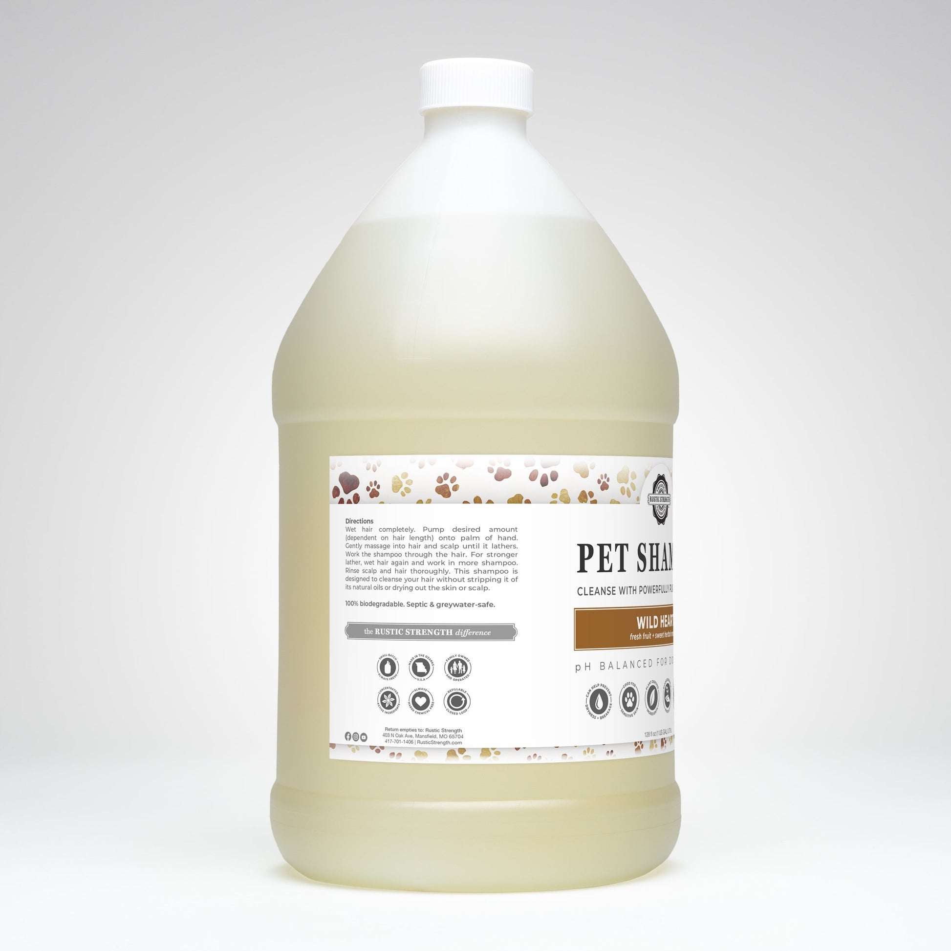 Pet shampoo bottle with label on a white background