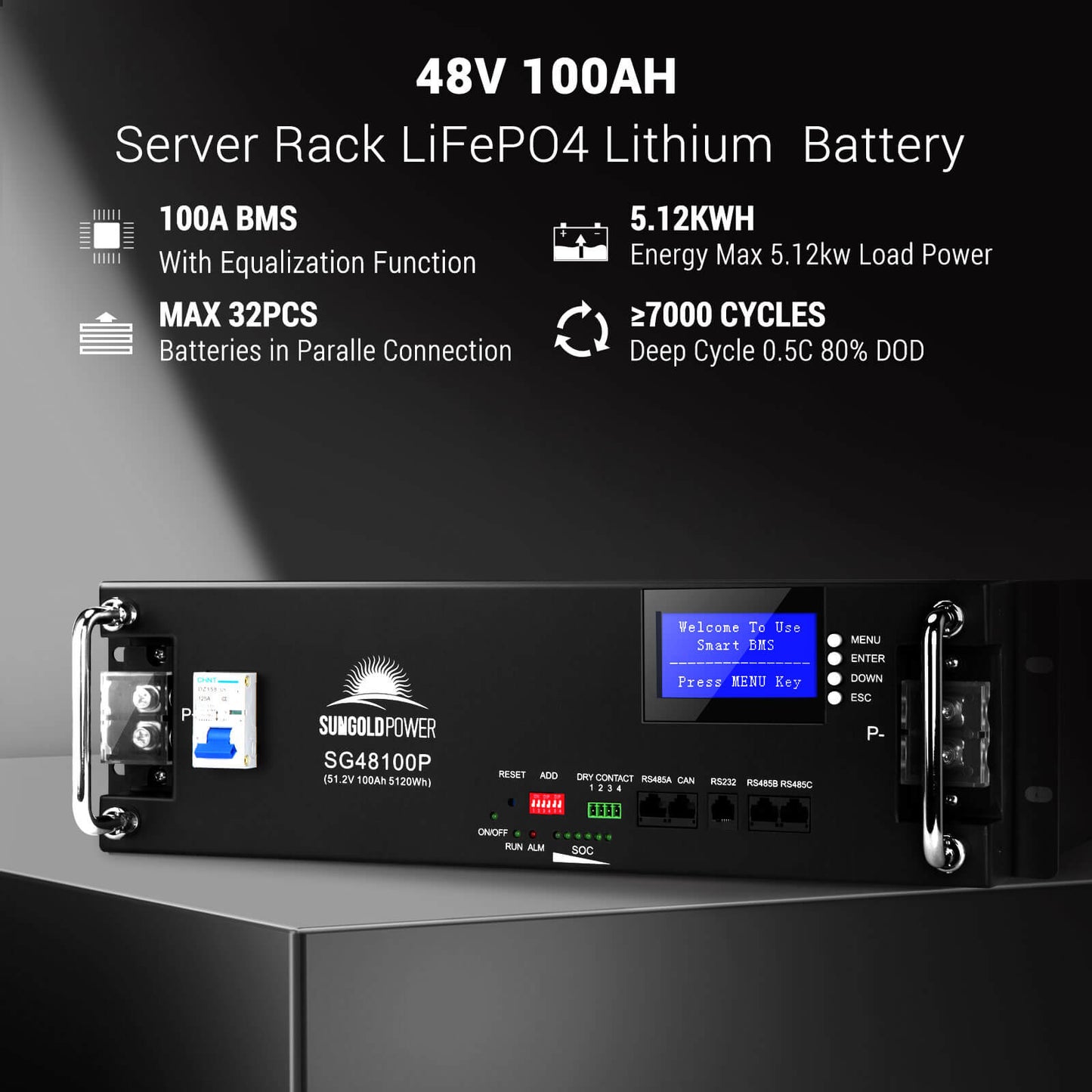 SGH-11N5E 16.2kW Hybrid Solar Kit - 48V 100AH Server rack LiFePO4 Lithium Battery with technical specifications on a dark background