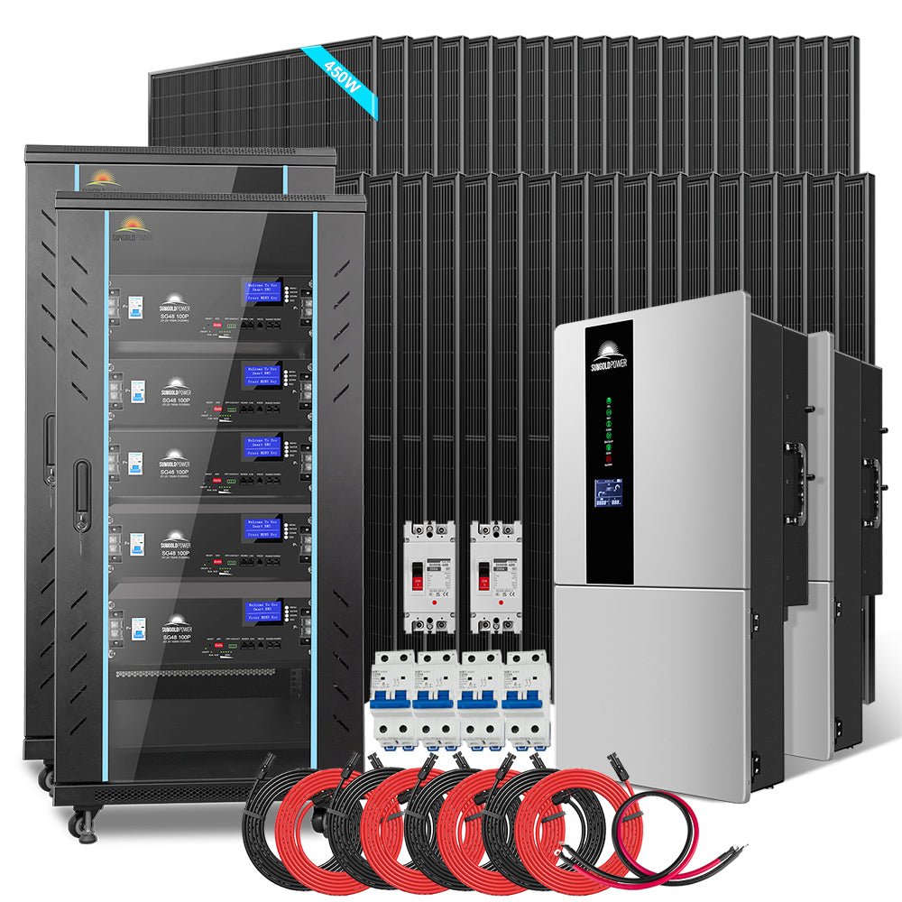 Powerful Hybrid Solar Kit delivering 16,200W of solar generation, dual 11.4kW hybrid inverters, and 51.2kWh of lithium battery storage. Designed for versatility, it supports off-grid, hybrid, and grid-tied configurations. Solar panel system with batteries, inverter, and wiring on a white background