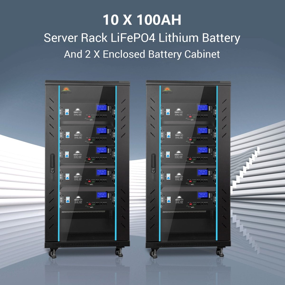 SGH-11N5E 16.2kW Hybrid Solar Kit - Two server rack LiFePO4 lithium batteries with enclosed battery cabinets on a blue gradient background.