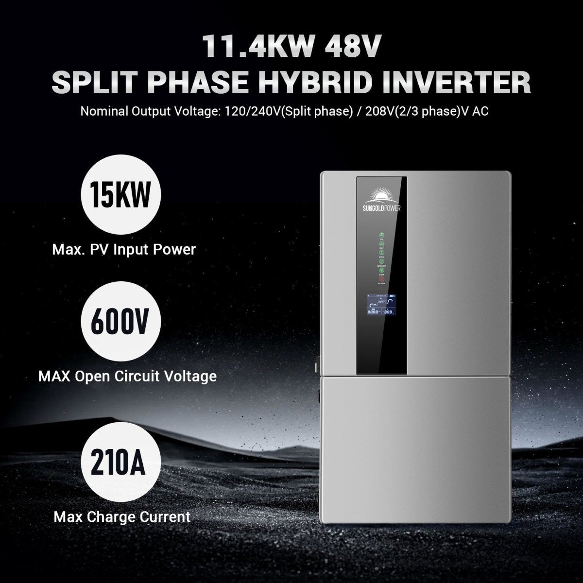 SGH-11N5E 16.2kW Hybrid Solar Kit - 11.4kW Split Phase Hybrid Inverter with specifications on a dark background