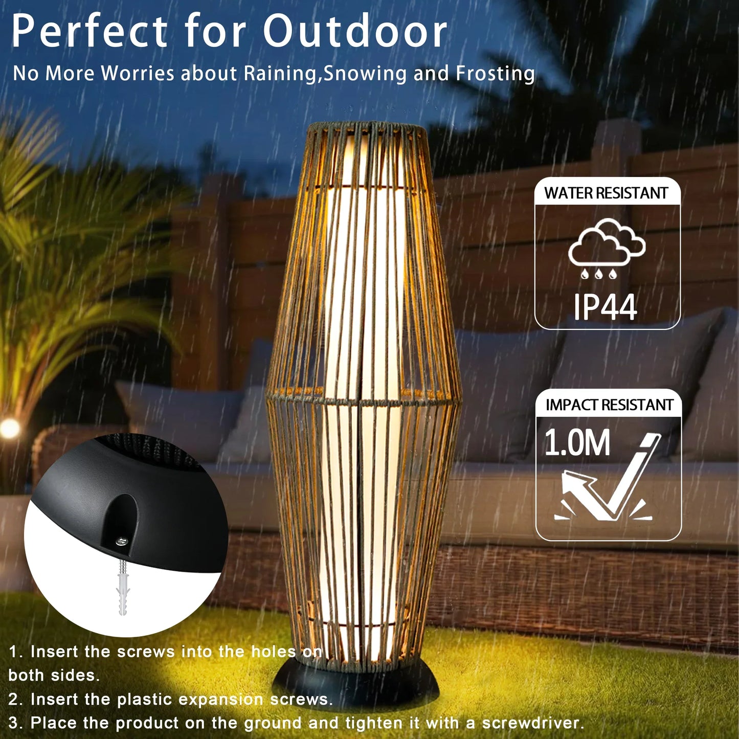 Outdoor lamp with rain protection features in a garden setting