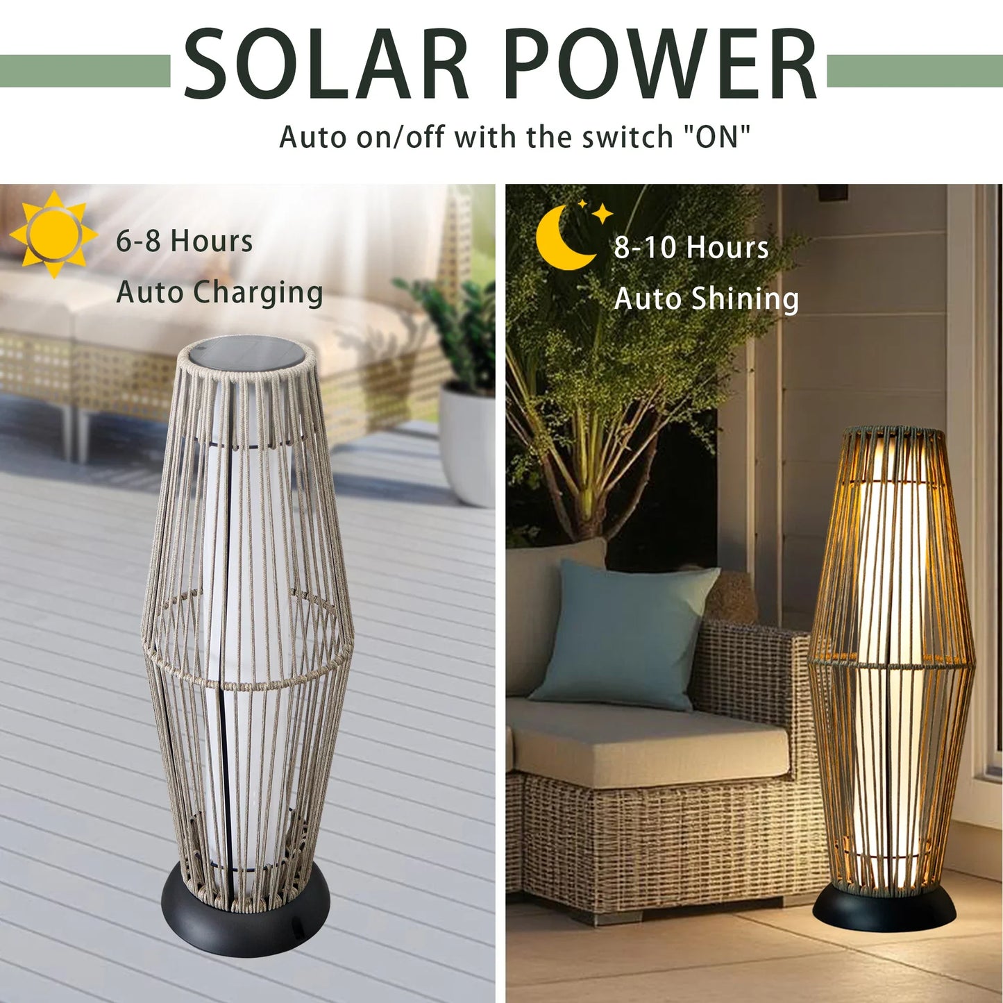 Solar-powered outdoor lamp with charging and lighting duration information on a patio setting.