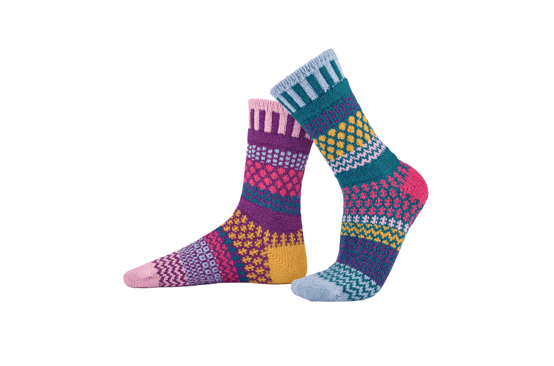 Solmate Petunia Crew Socks - Mismatched, colorful patterned socks on a white background