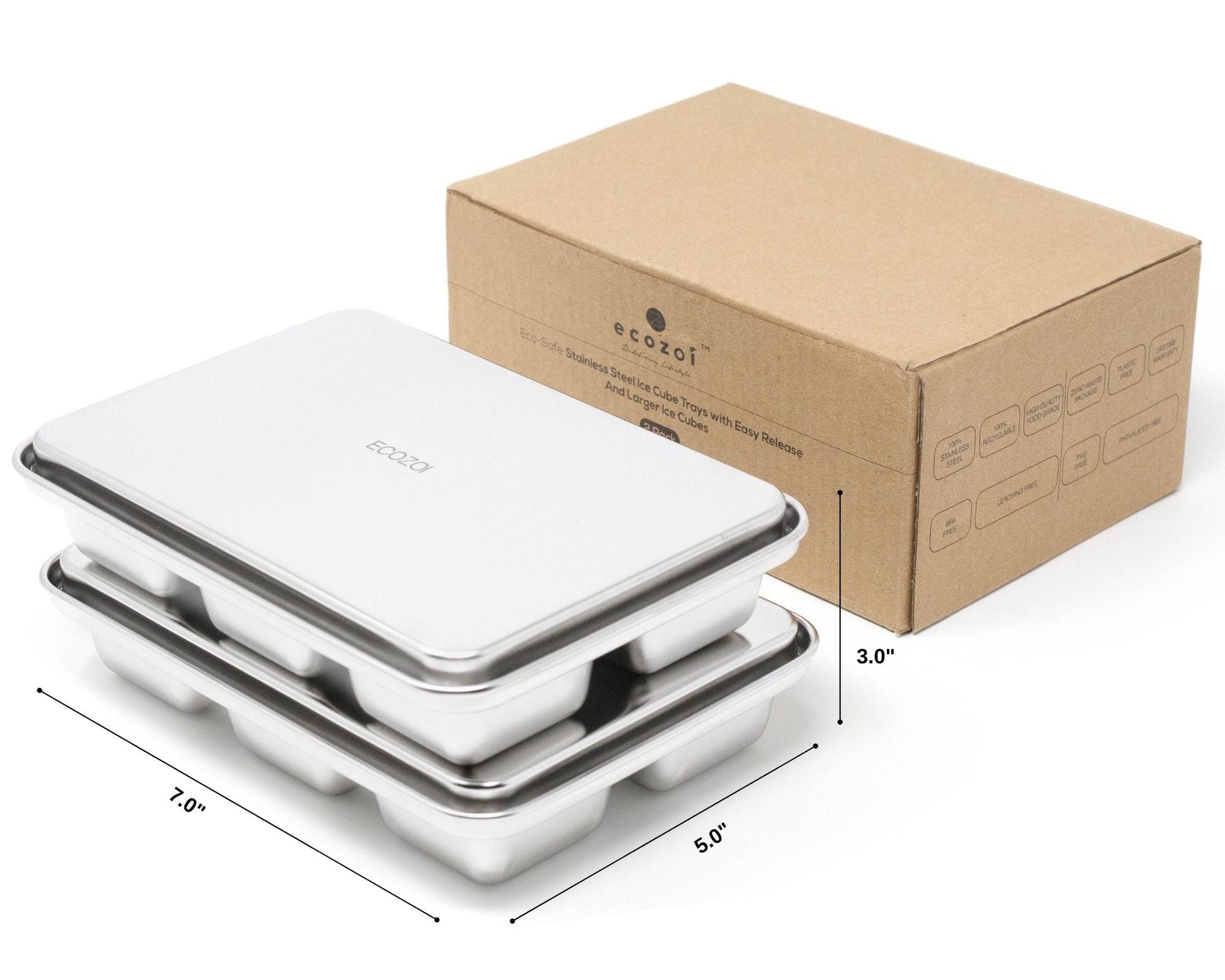 Dimensions for set of stainless steel ice cube trays with lids and ecozoi packaging on a white background