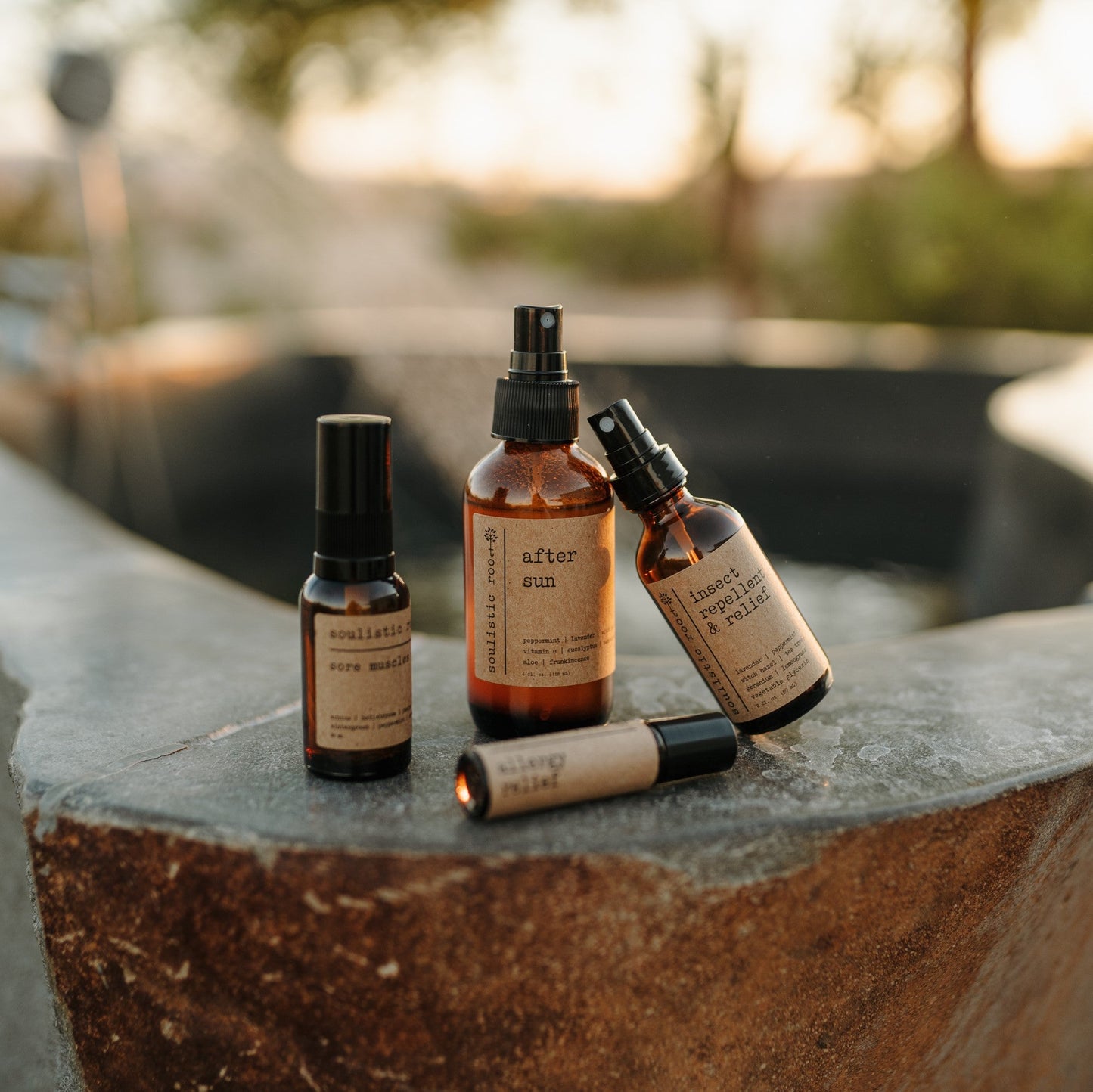 Soulistic Root Summer Collection Gift Set on the edge of a spa.