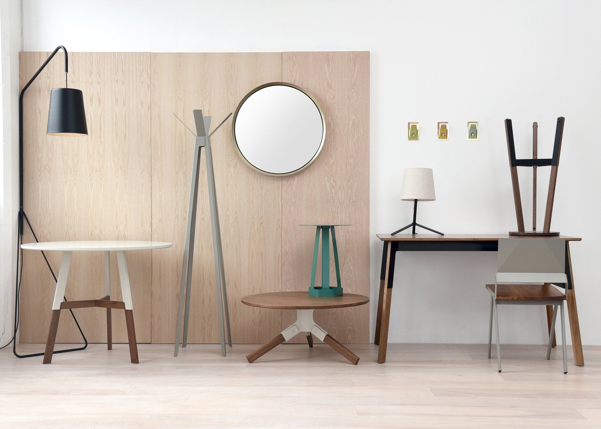 Modern interior with conrad coffee table and other handmade Miswell furniture and decor items in a minimalistic setting.