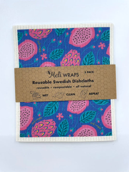 Swedish dish cloth in dragonfruit print (3-pack)