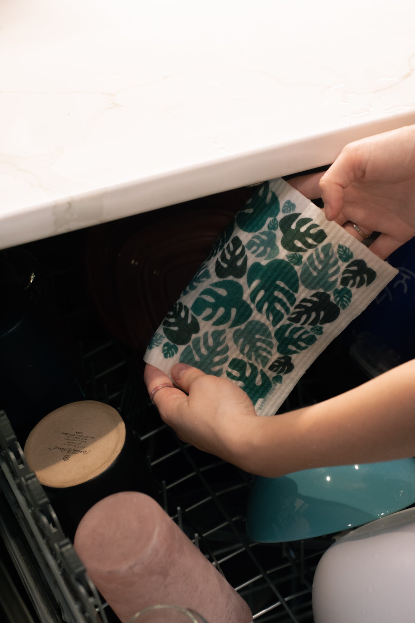 Person cleaning a dishwasher with a green leaf-patterned cloth