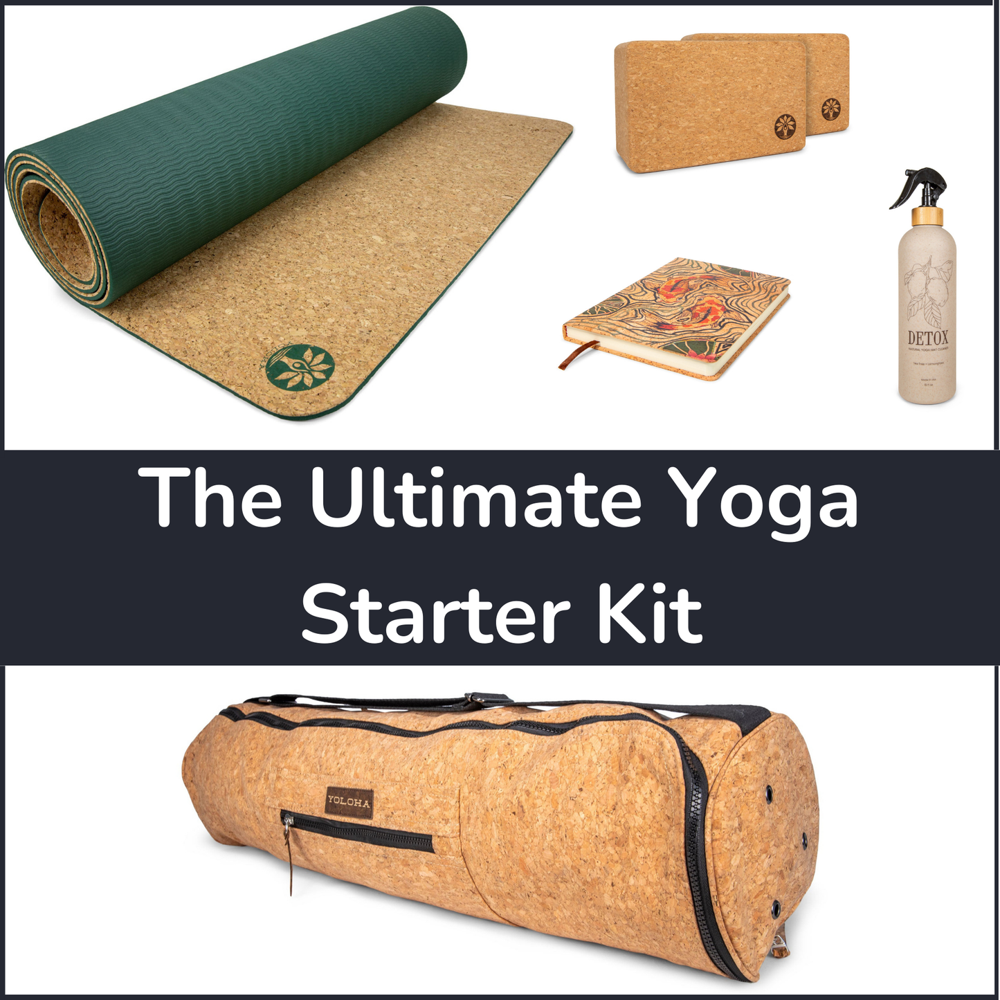 The image showcases a yoga starter kit including a rolled-up cork yoga mat, a cork yoga block, a cork yoga journal, a spray bottle of yoga mat cleanser, and a cork yoga mat bag on a white background.