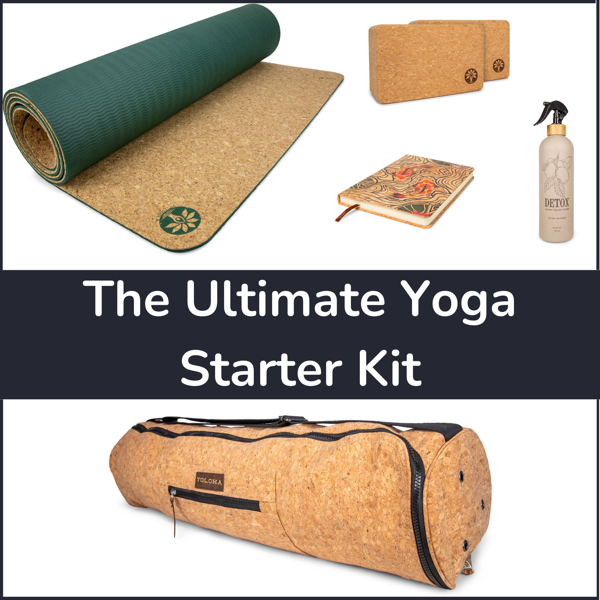 The image showcases a yoga starter kit including a rolled-up cork yoga mat, a cork yoga block, a cork yoga journal, a spray bottle of yoga mat cleanser, and a cork yoga mat bag on a white background.