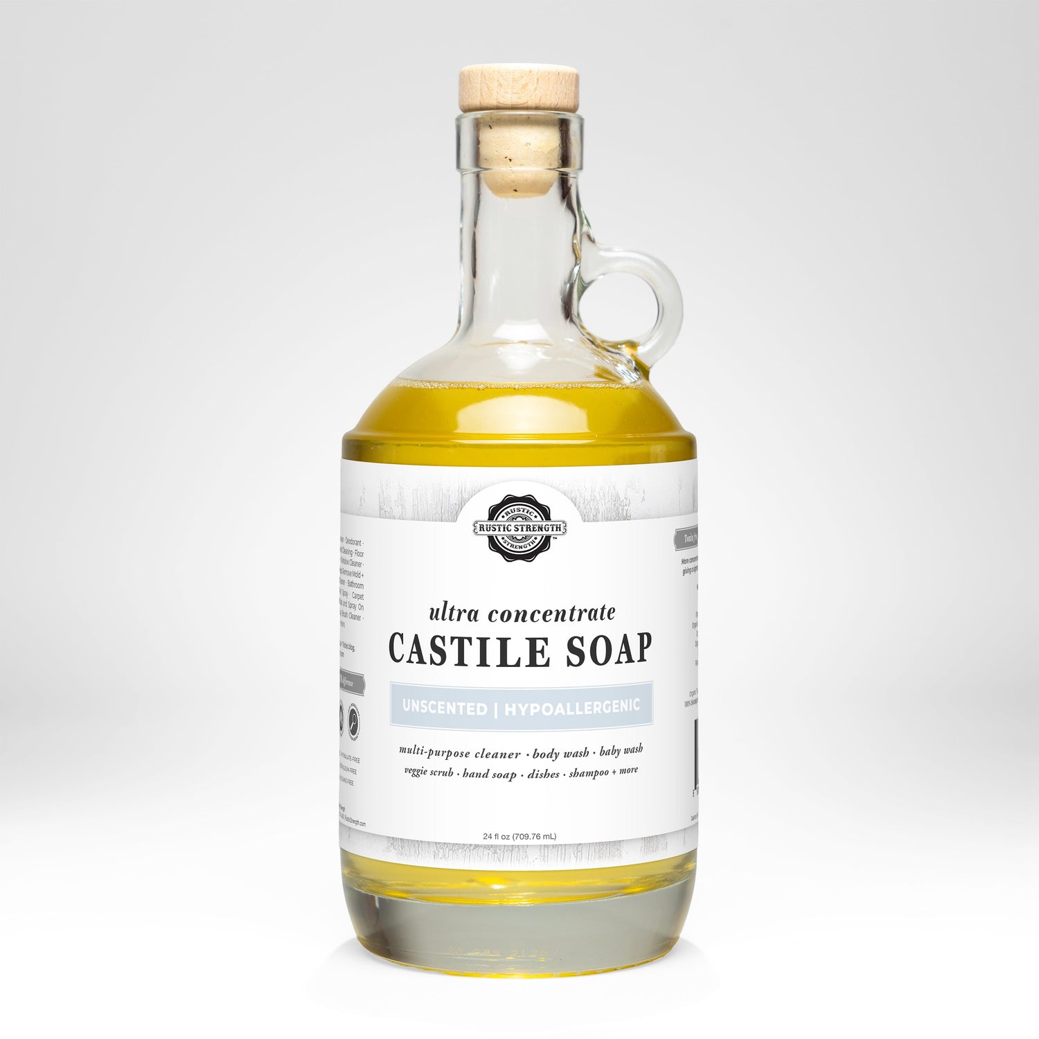Bottle of Ultra Concentrate Castile soap with a white label on a light gray background