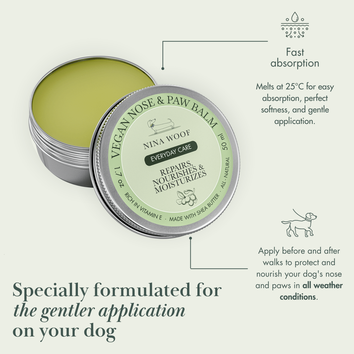 Nina Woof Vegan Nose & Paw Balm packaging with product details on a light gray background