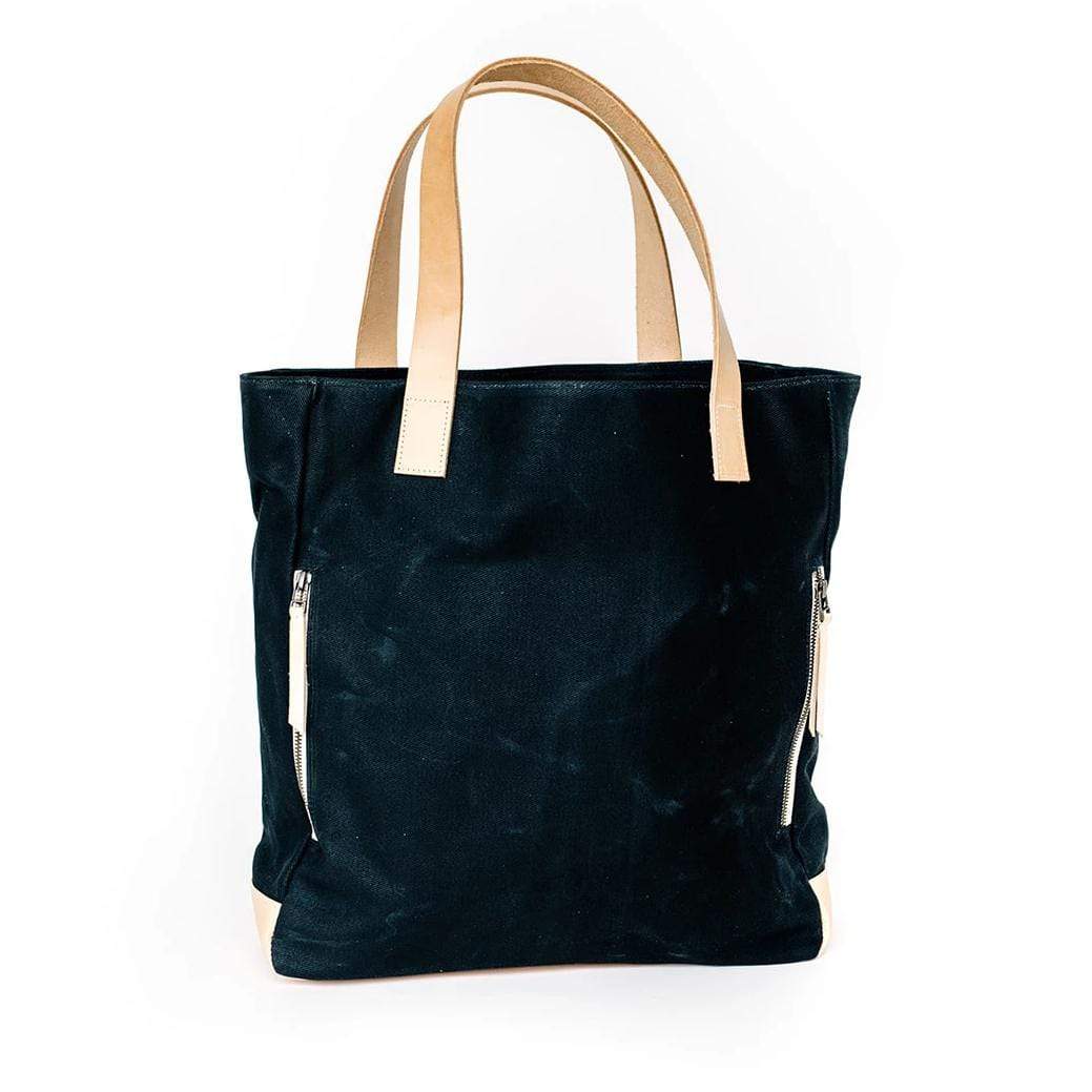 Black Waxed Canvas Tote Bag with Royal Blue Nylon Lining – Durable & Stylish - with beige handles on a white background