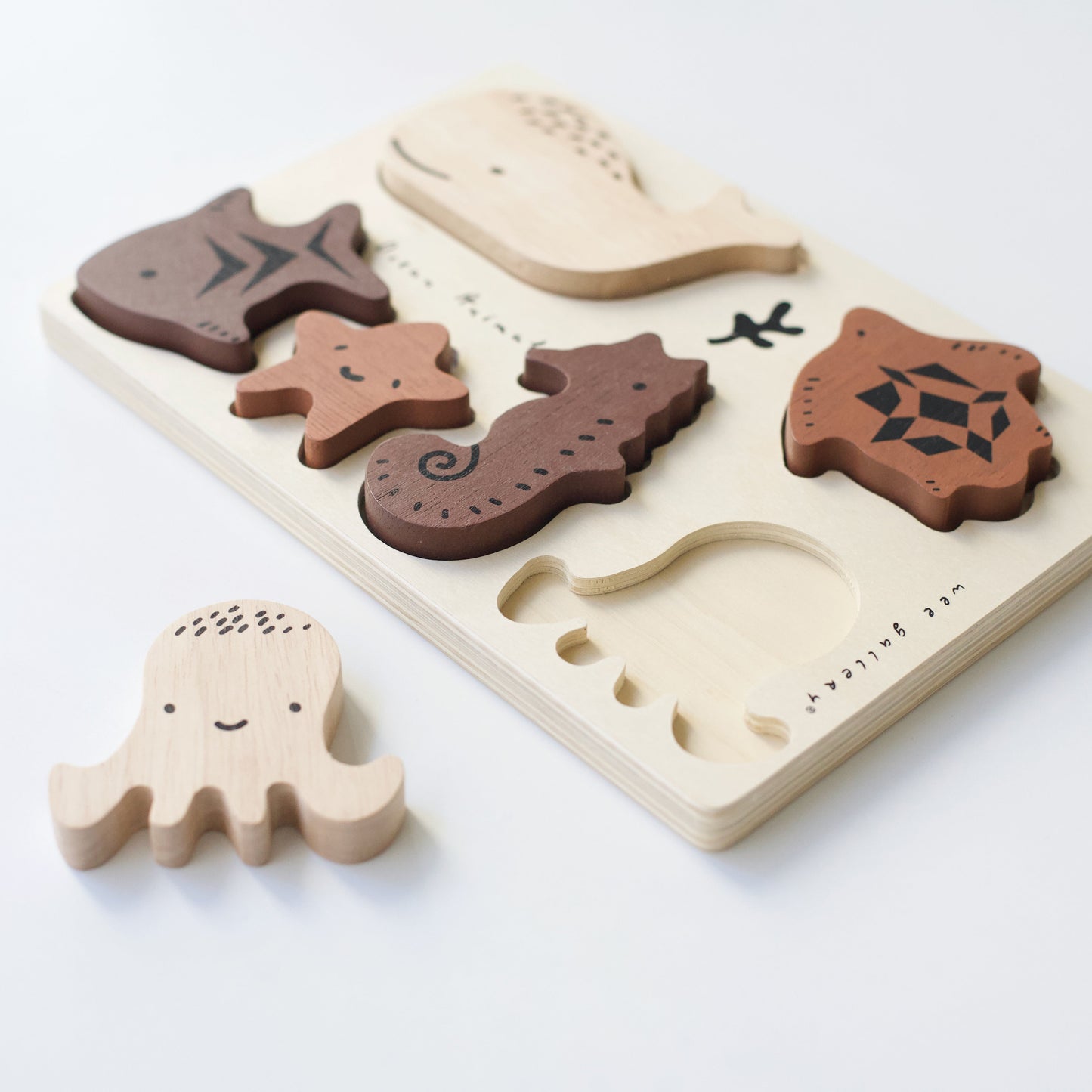 Wee Gallery tray puzzle wooden animal pieces; problem-solving; play; ocean theme