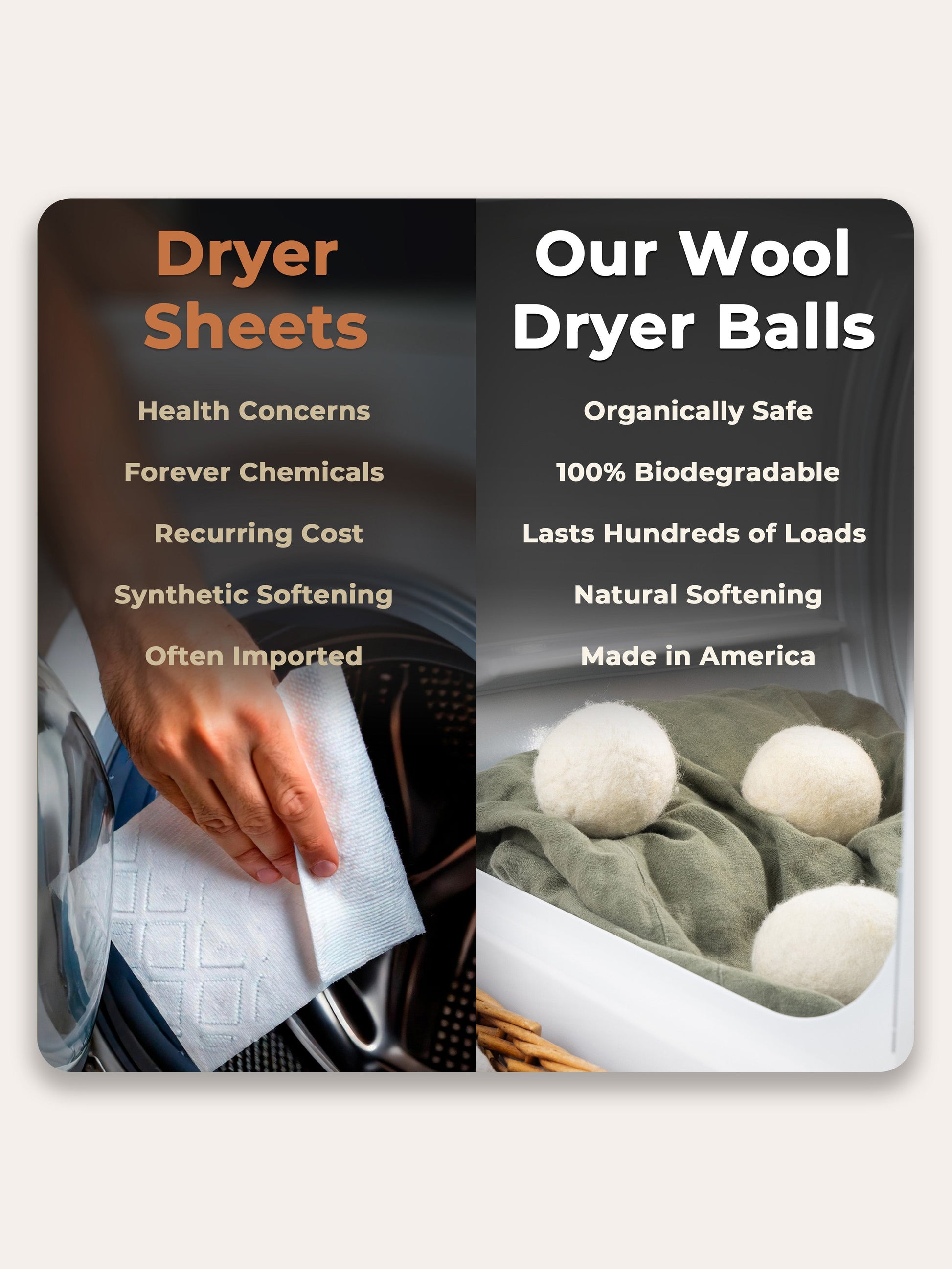 Comparison of dryer sheets and wool dryer balls with text highlighting benefits.