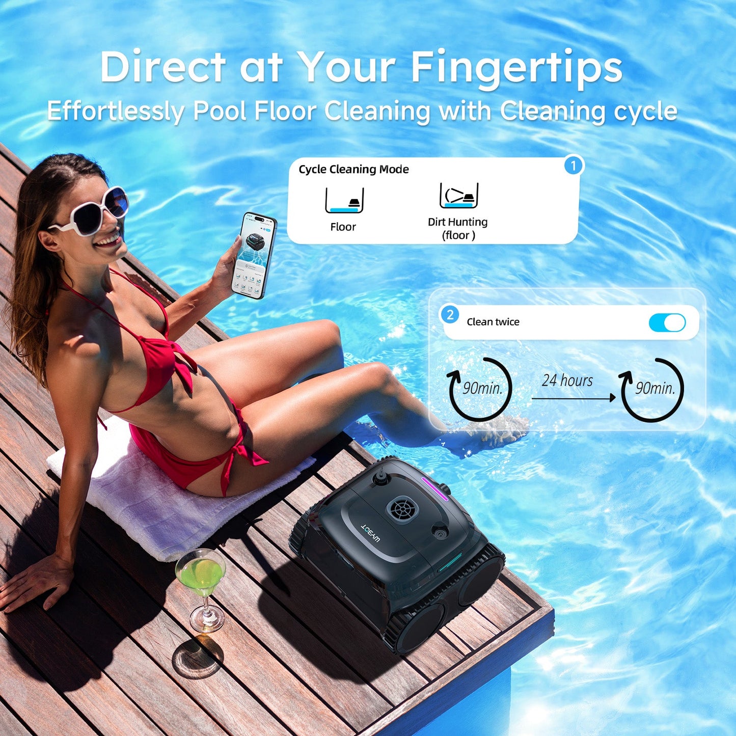 Woman by a pool with a WYBOT C2 Vision Cordless Robotic Pool Cleaning robot and smartphone app interface.