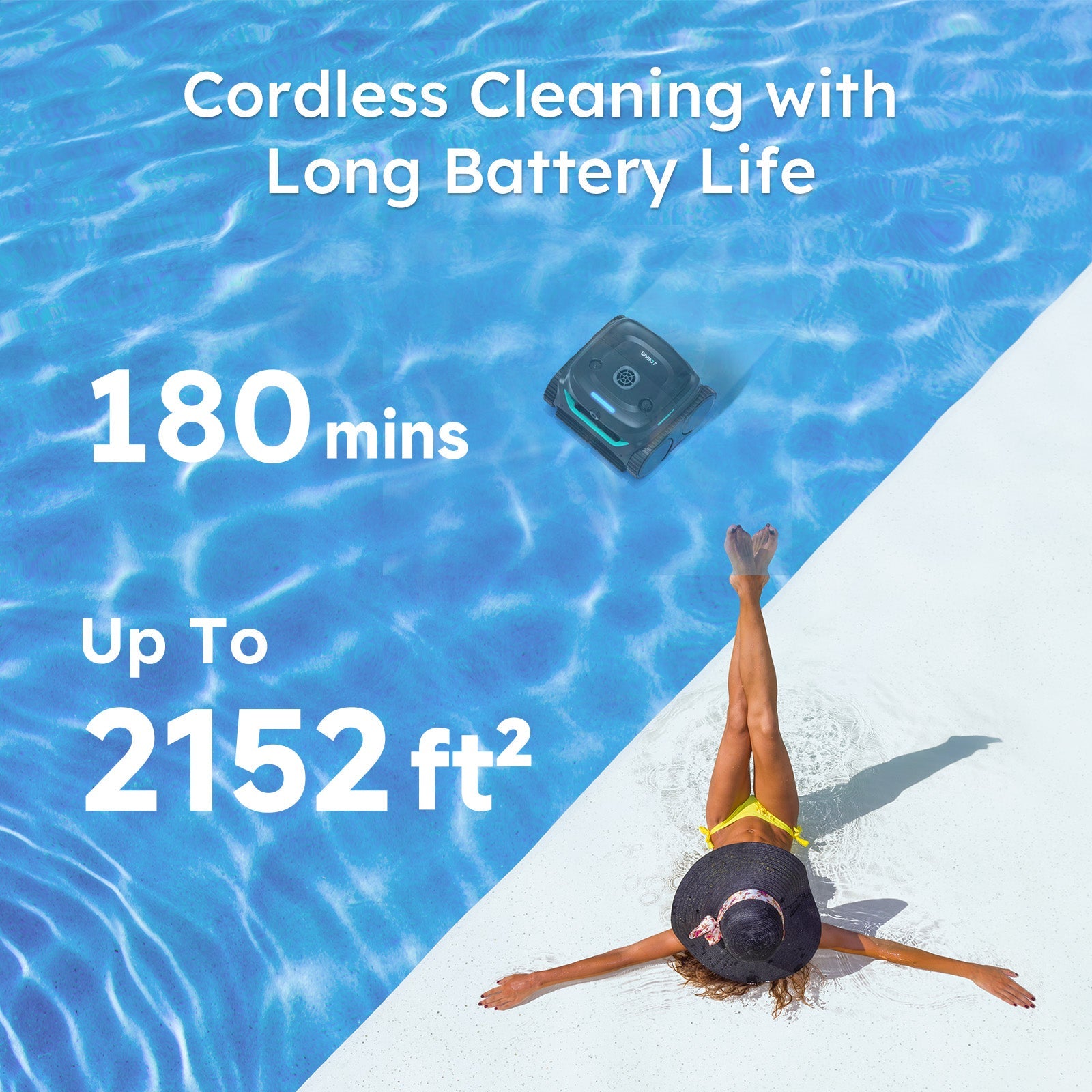 WYBOT C2 Vision Cordless Robotic Pool Cleaner in a pool with text about cleaning time and area coverage.