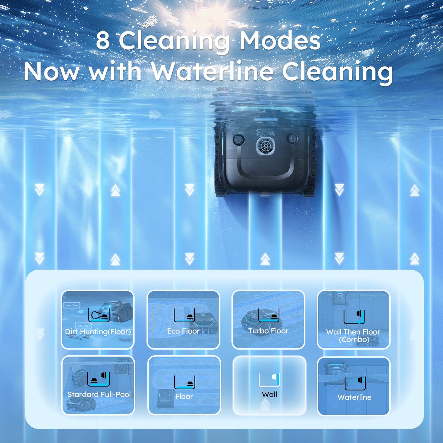 WYBOT C2 Vision Cordless Robotic Pool Cleaner with waterline cleaning feature displayed underwater.