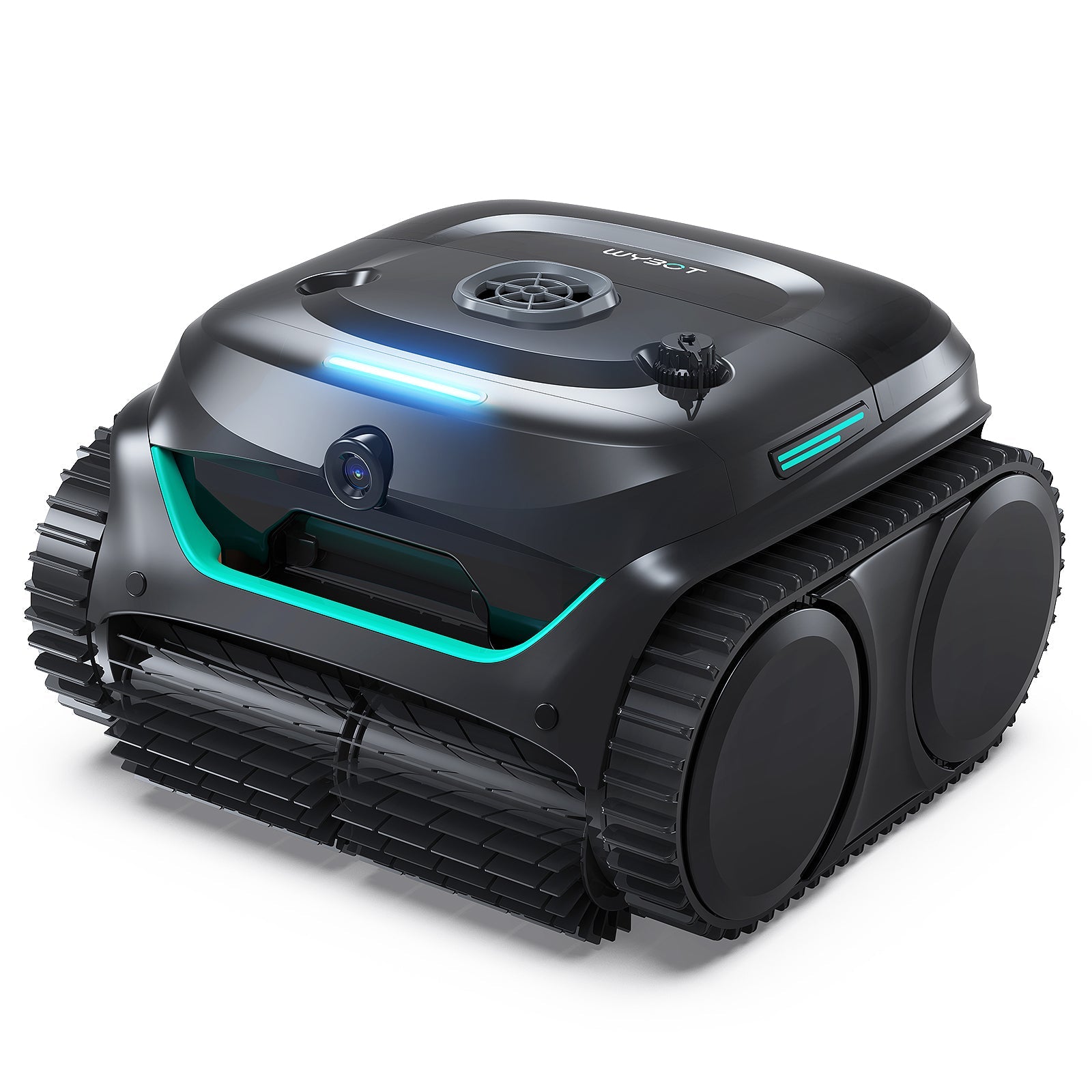 WYBOT C2 Vision Cordless Robotic Pool Cleaner with a black and teal design on a white background