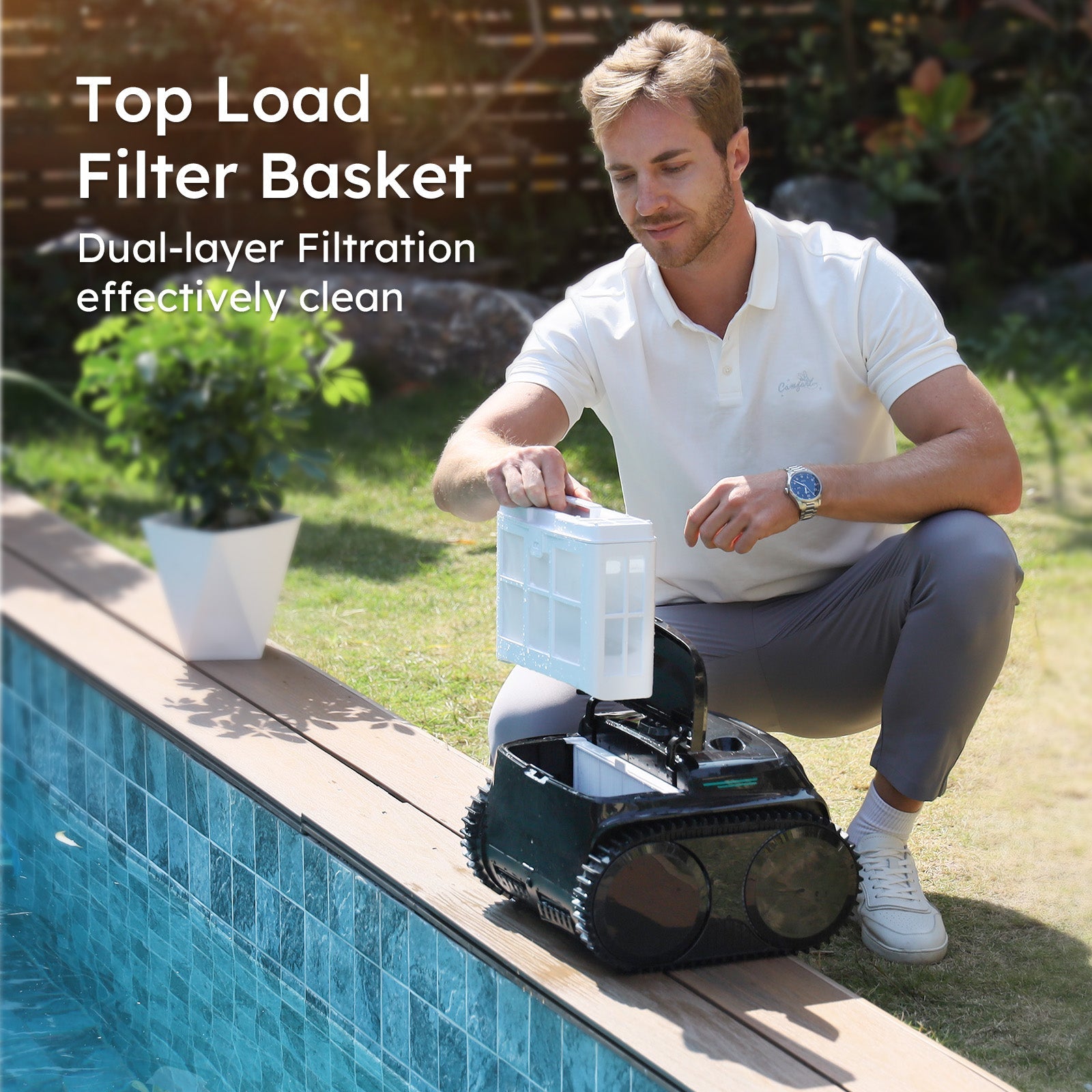 Person cleaning a pool robot with text about top load filter basket and dual-layer filtration.
