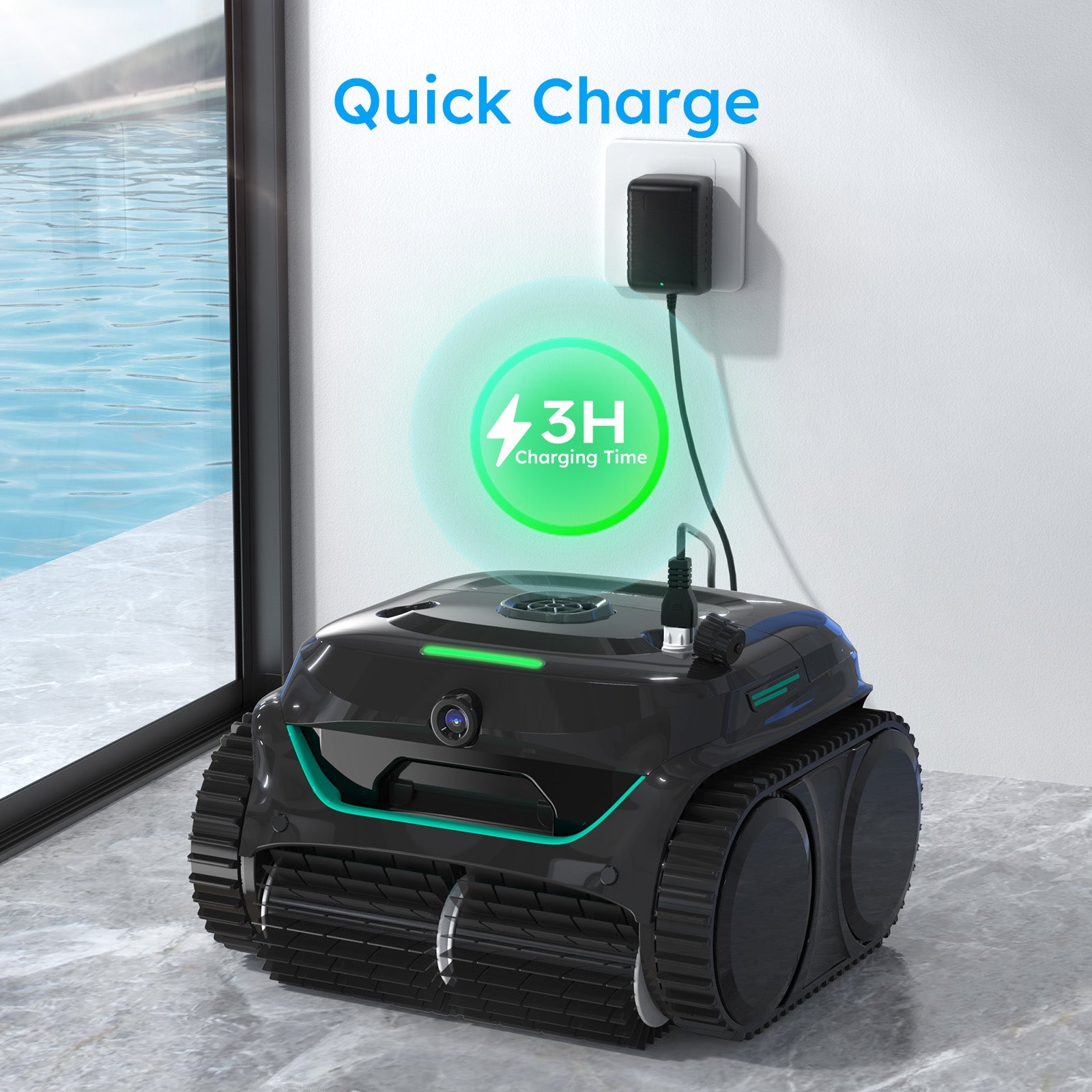WYBOT C2 Vision Cordless Robotic Pool Cleaner  charging with a 'Quick Charge' label and '3H Charging Time' indicator.