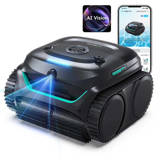 WYBOT C2 Vision Cordless Robotic Pool Cleaner with app interface on a white background