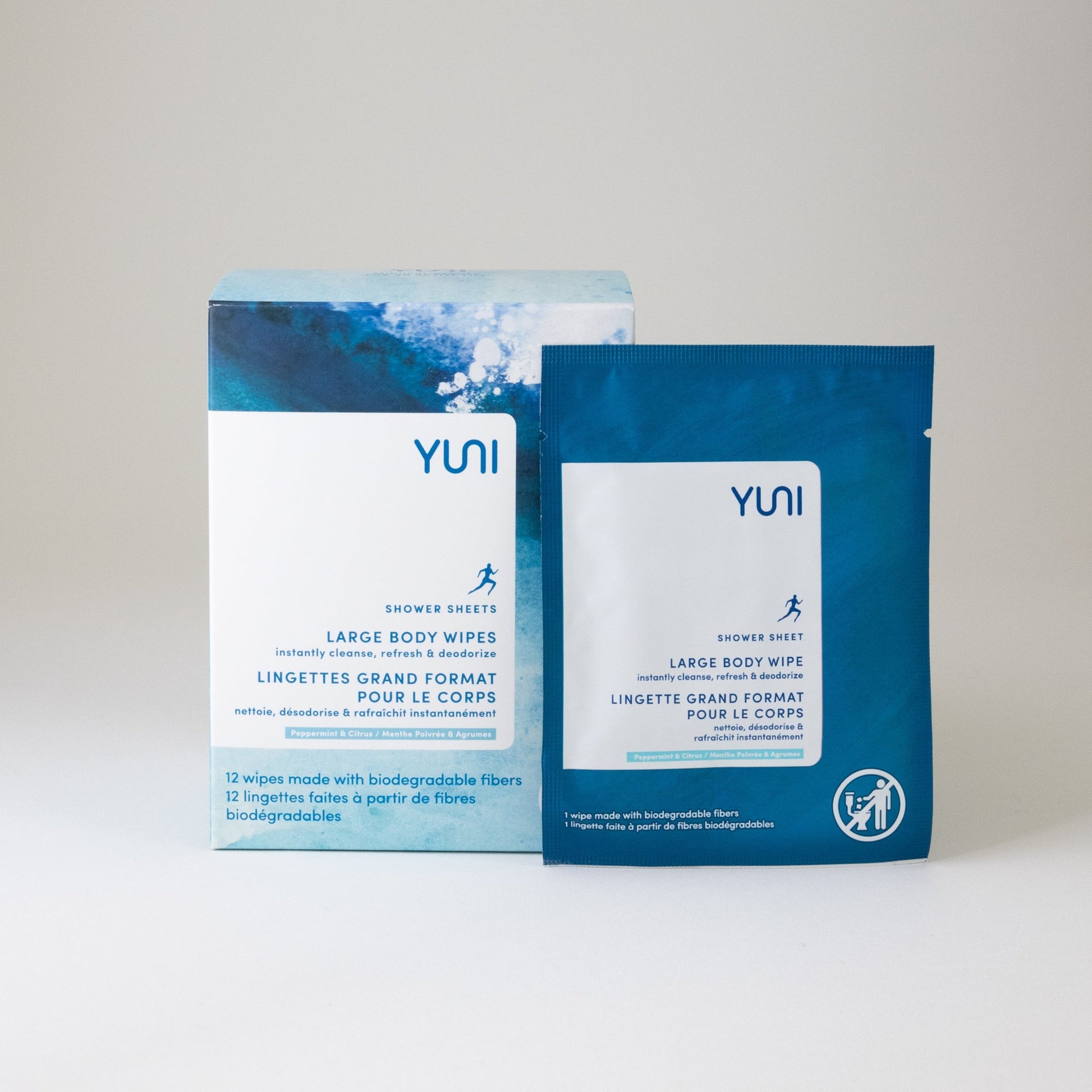 Biodegradable Peppermint Citrus Shower Sheets by YUNI (12 Large Natural Body Wipes)