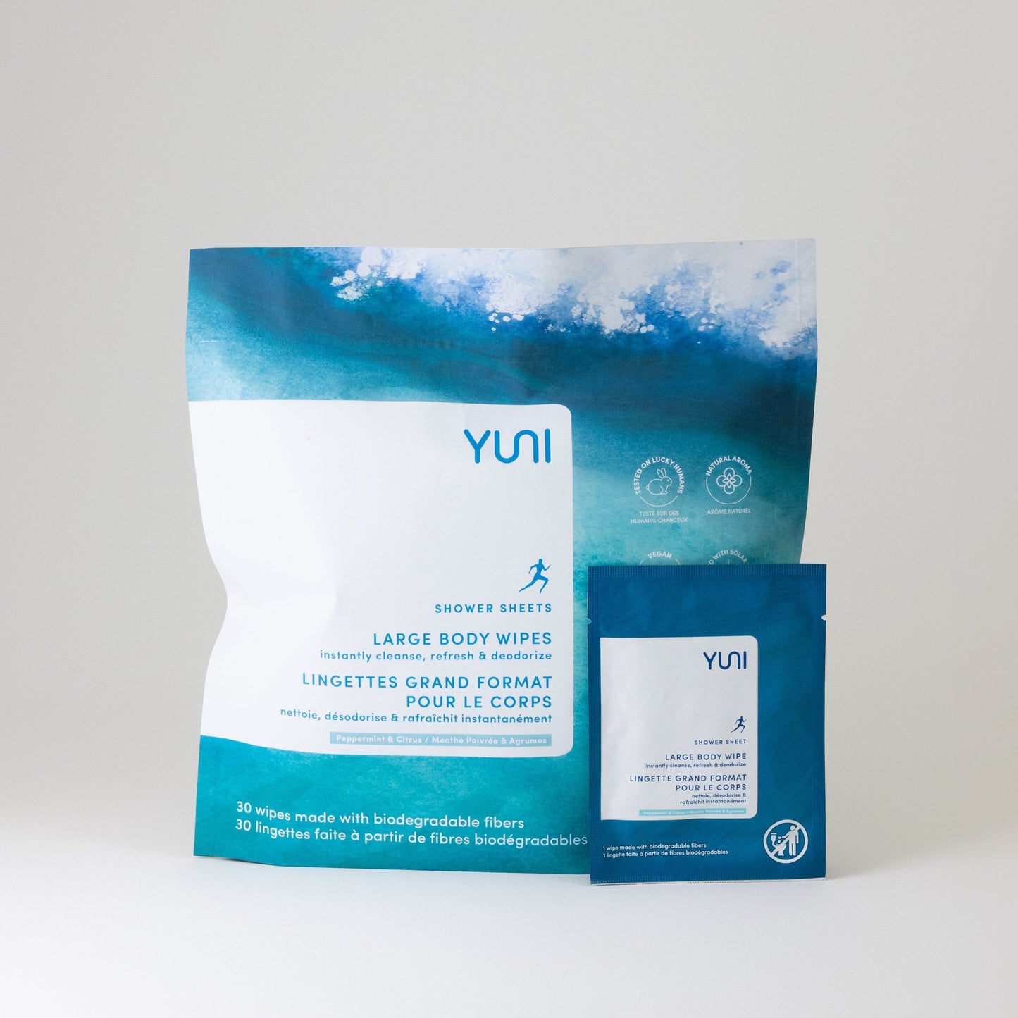 Biodegradable Peppermint Citrus Shower Sheets by YUNI (30 Large Natural Body Wipes)